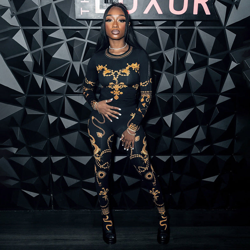 Fashion Printed Long Sleeve Round Neck Top and Pants Set