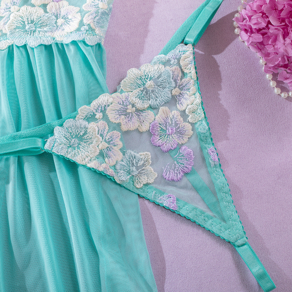 Sexy Embroidered Floral Mesh Dress + Thong Set