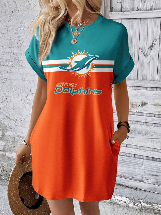 Miami Dolphins Stylish Team Print Crew Neck Dress