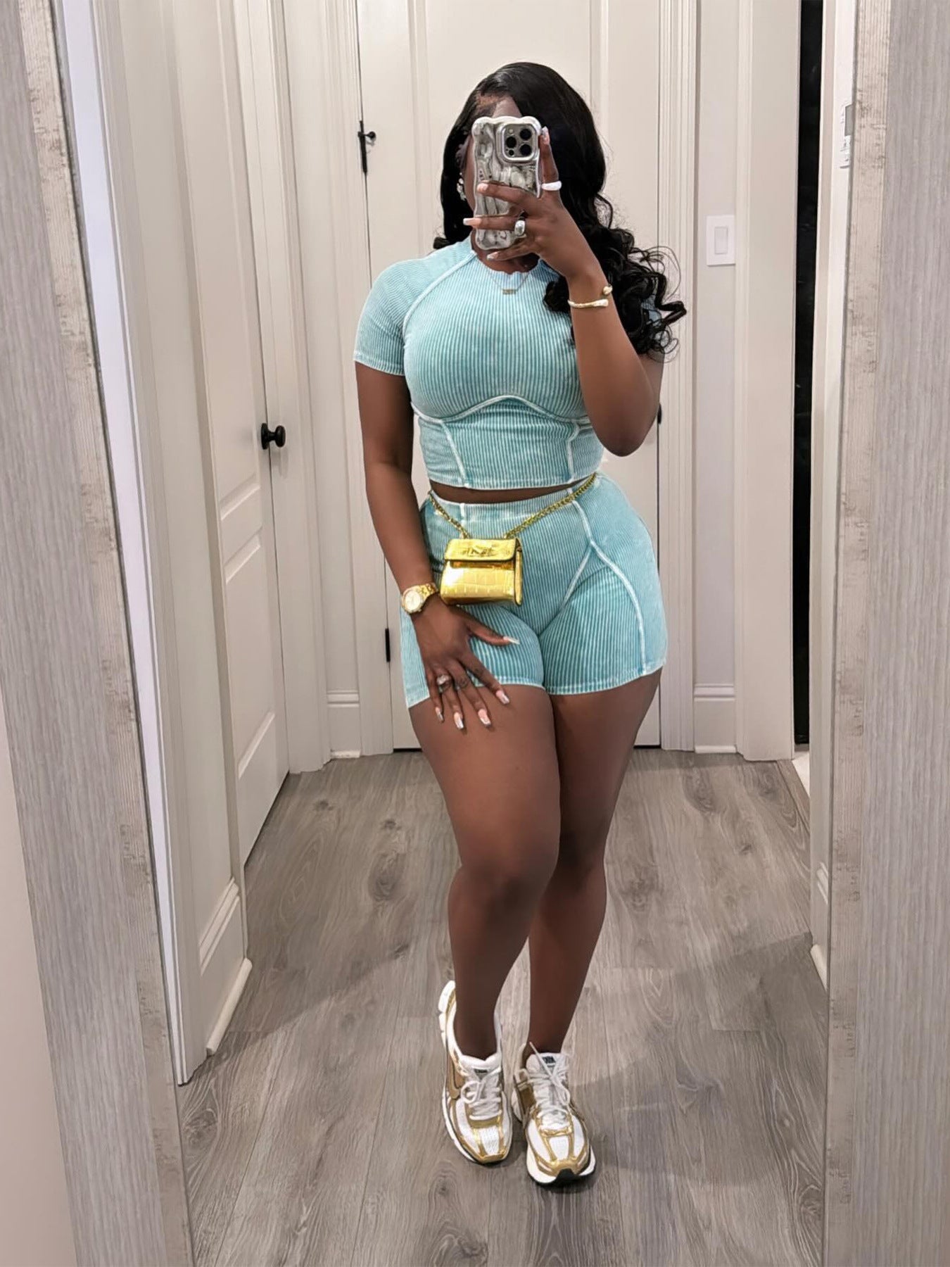 Threaded Washed Faded Distressed Short-sleeved Shorts Set