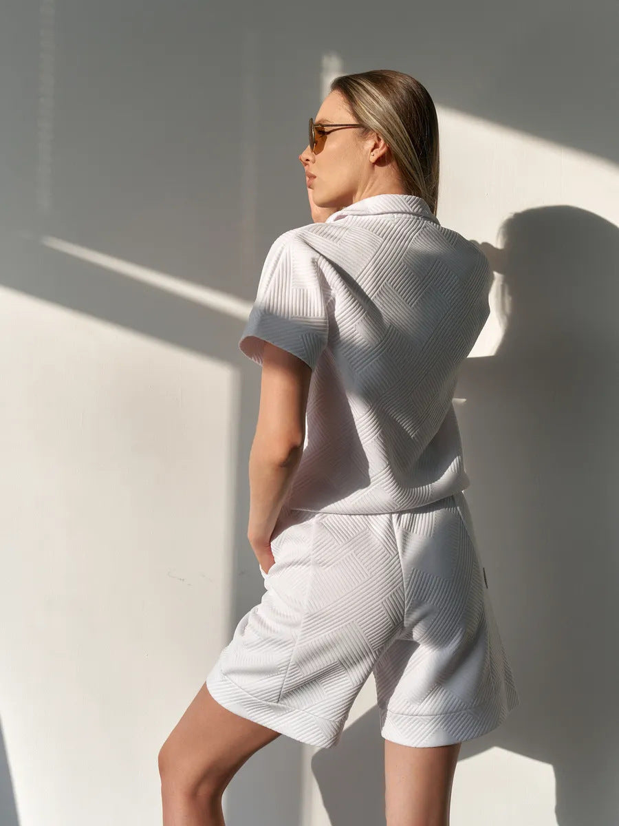 Solid Color Loose-fitting Crew Neck Sweatshirt and Shorts Casual Set