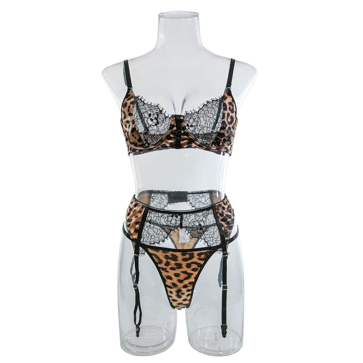 Sexy Wild Leopard Print Waist Bodysuit Upper Body Steel Ring Gathered Lace Three-piece Suit
