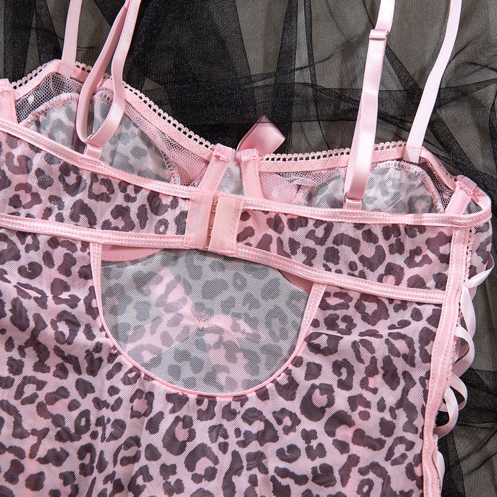 Sexy Pink Leopard Print Tulle Puffy Dress + T-Back