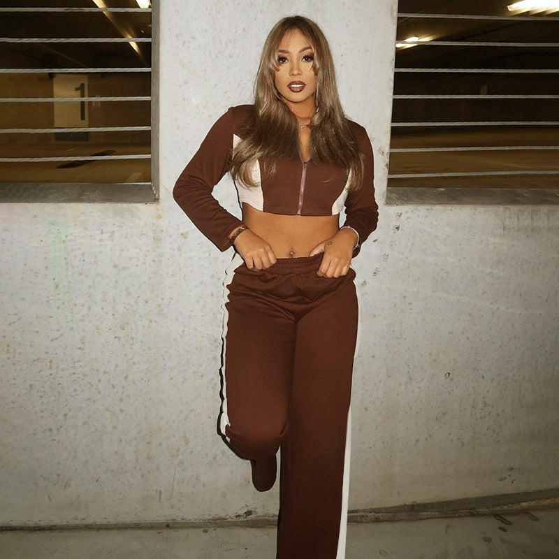 Contrast Color Open Waist Lapel Zipper Elastic Waist Straight Pants Suit
