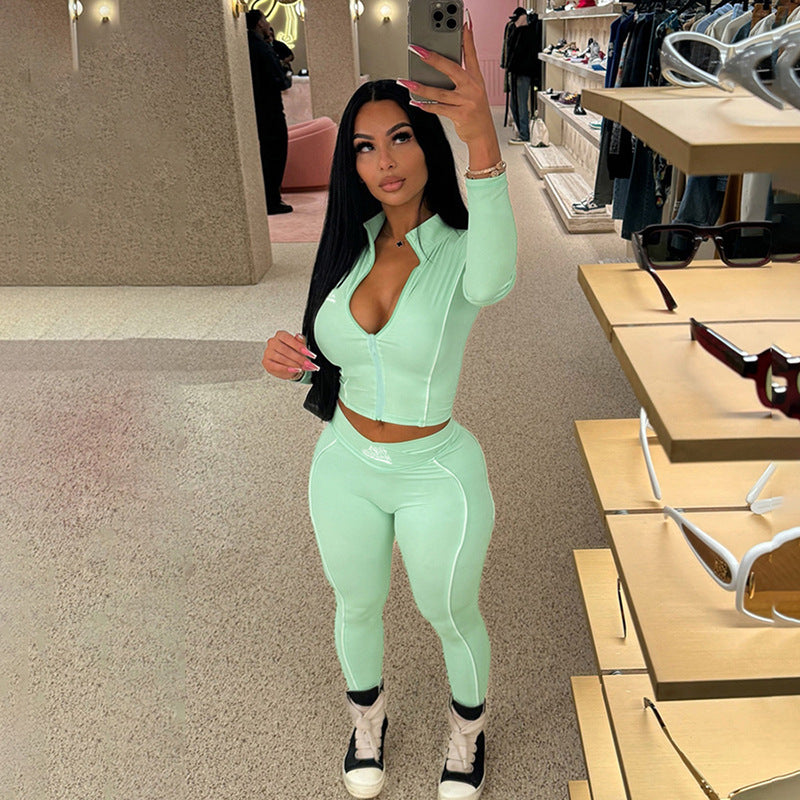 Sexy Navel-Baring Long Sleeve Top Slim Fit Hip-hugging Trousers Set
