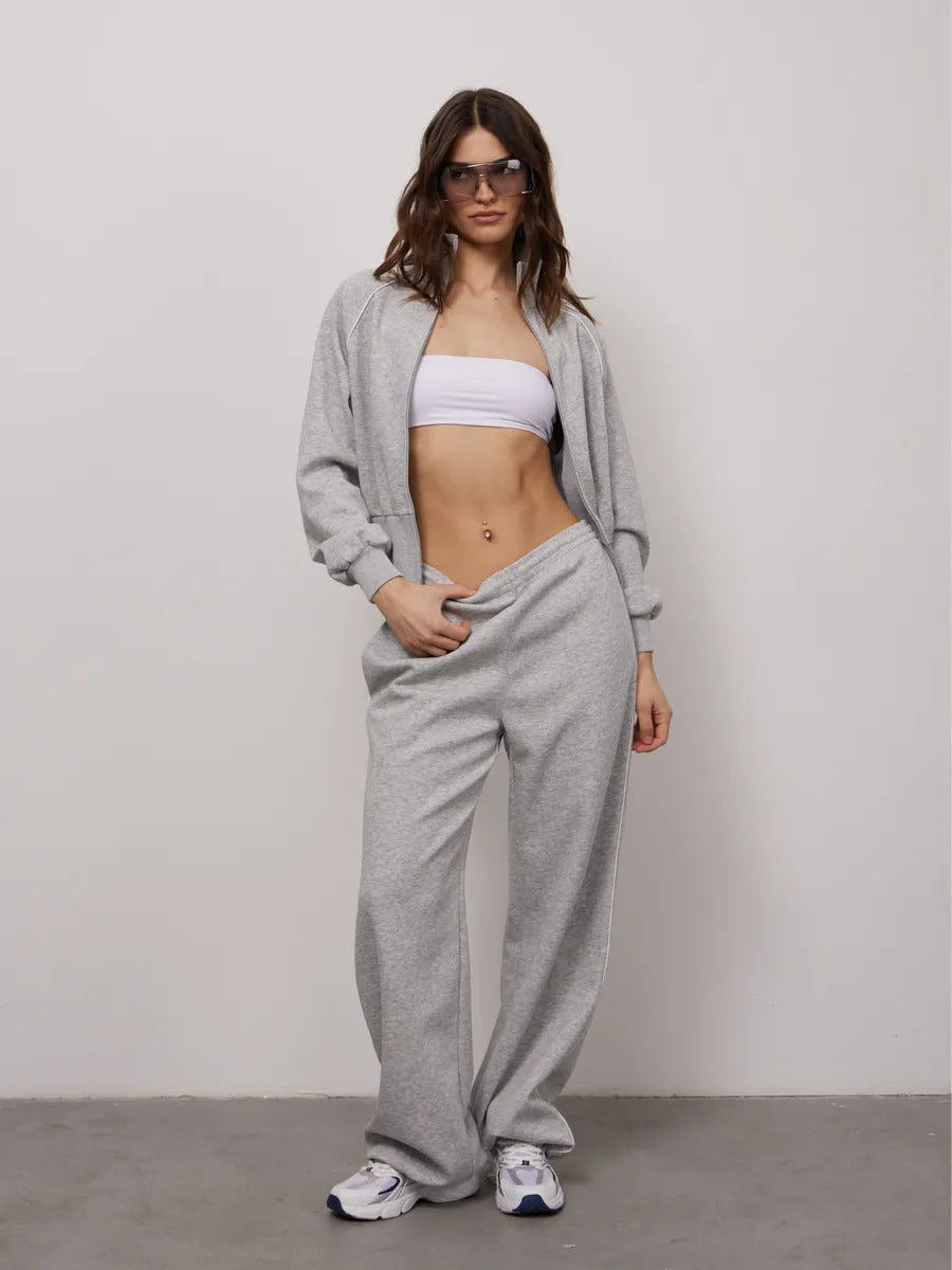 Stylish Line Long-Sleeved Zipper Cardigan Loose-Fitting Trousers Casual Suit