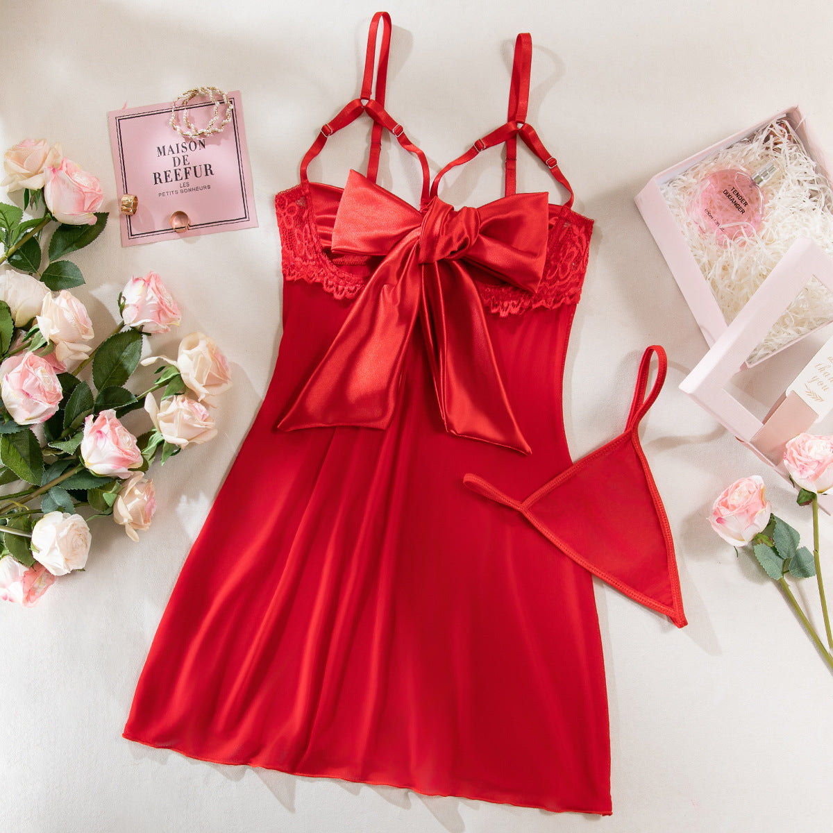 Sexy Transparent Mesh Underwire Gathered Bowknot Dress