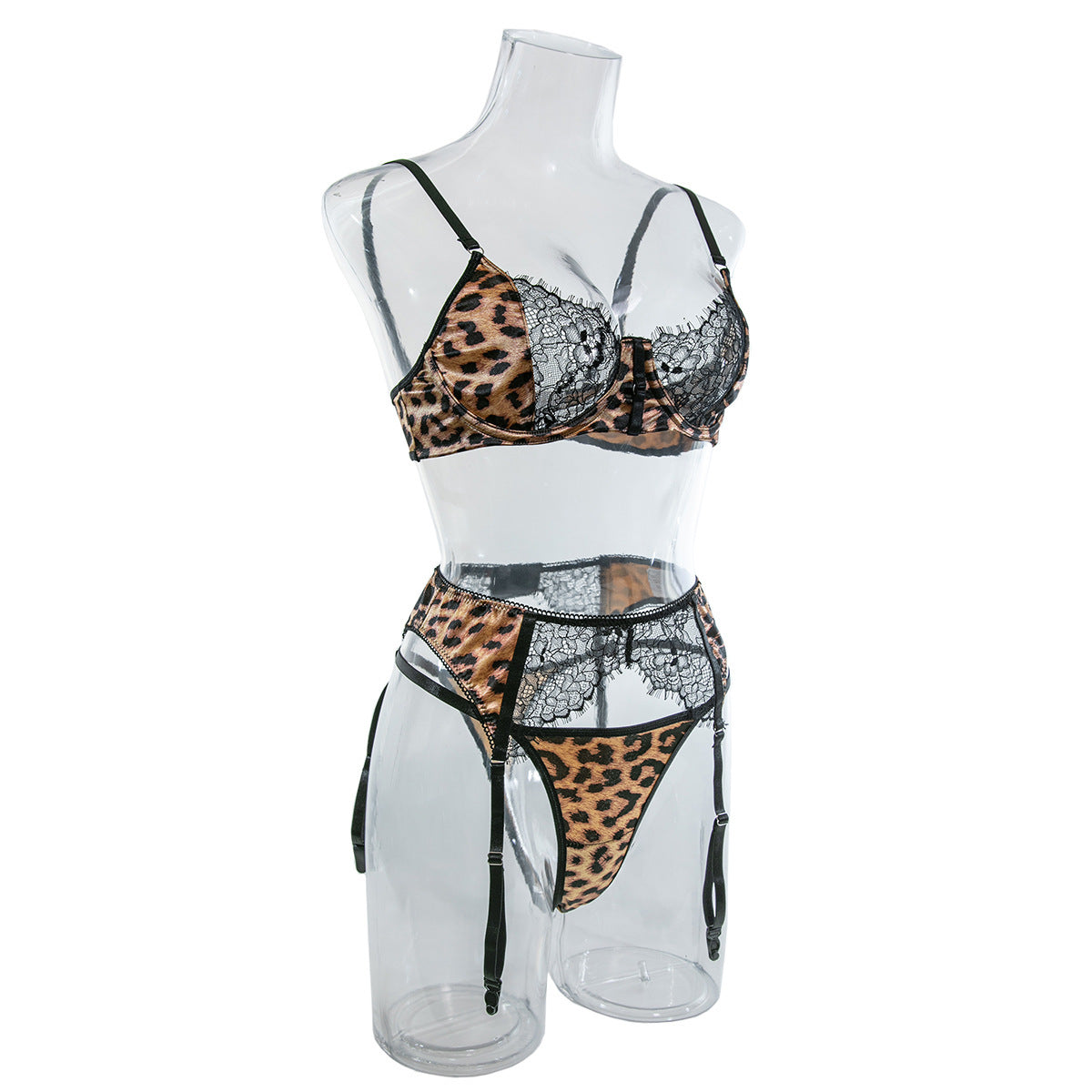 Sexy Wild Leopard Print Waist Bodysuit Upper Body Steel Ring Gathered Lace Three-piece Suit