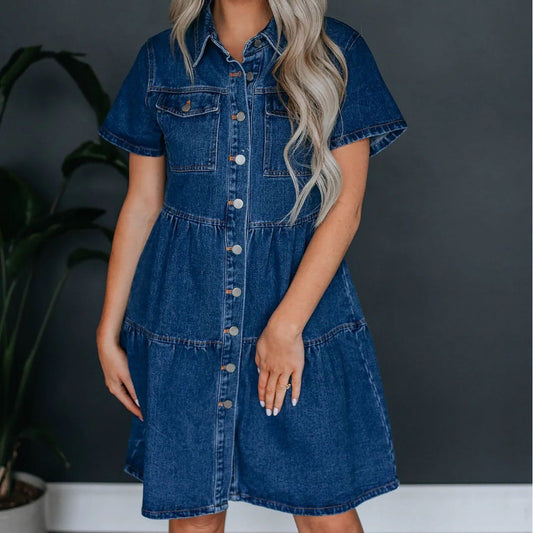 Short-sleeved Lapel Button-down Casual Denim Dress