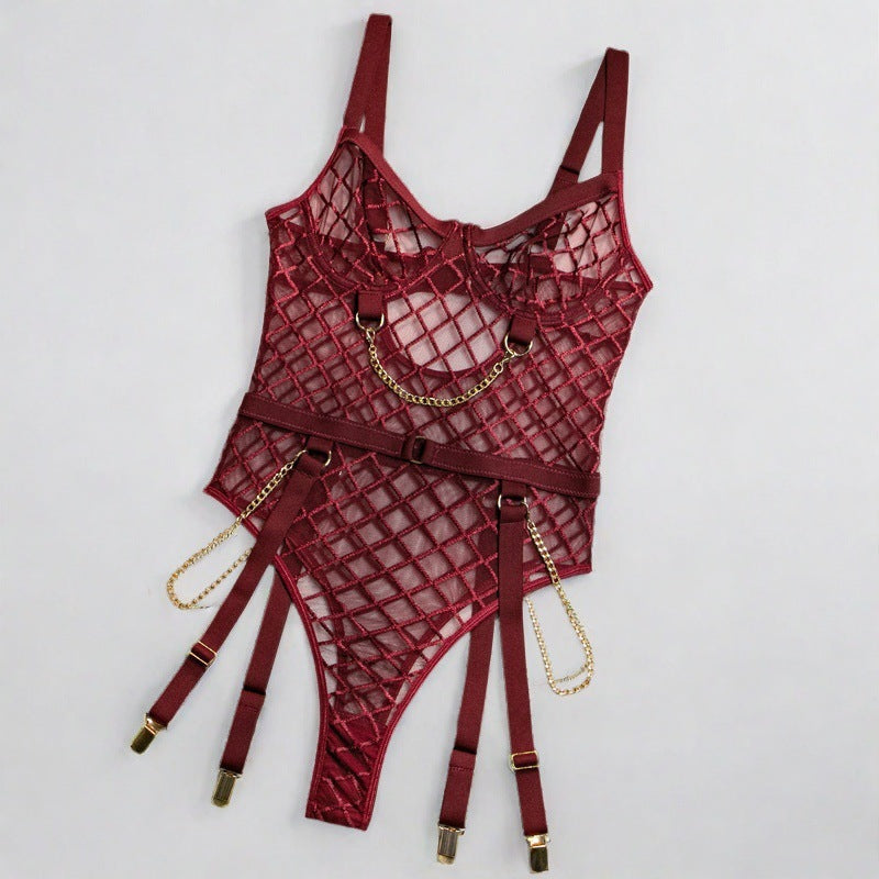Sexy Fishnet Mesh Bodysuit with Metal Chain Accessories