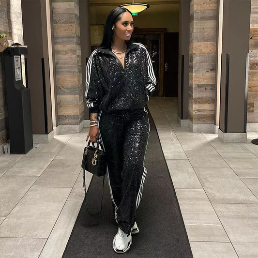 Sequined Casual Long-sleeved Jacket and Trousers Set