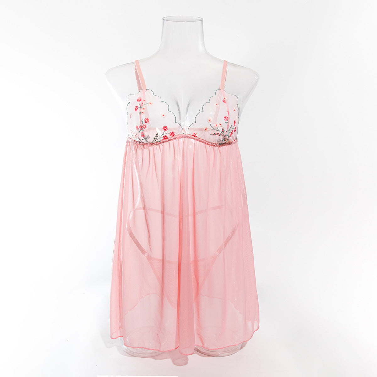 Sexy Ultra-thin Mesh Floral Embroidery See-through Sexy Nightdress + T-Back Two-piece Set