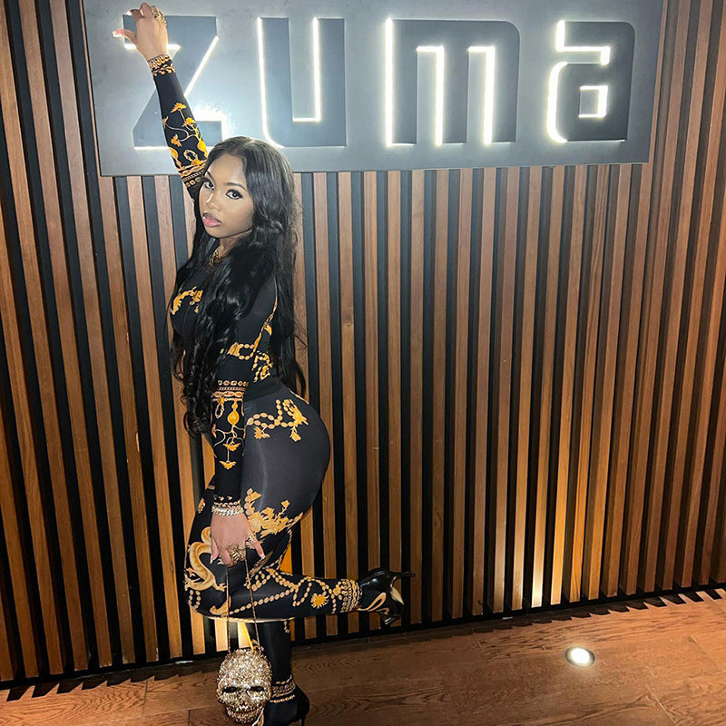 Fashion Printed Long Sleeve Round Neck Top and Pants Set