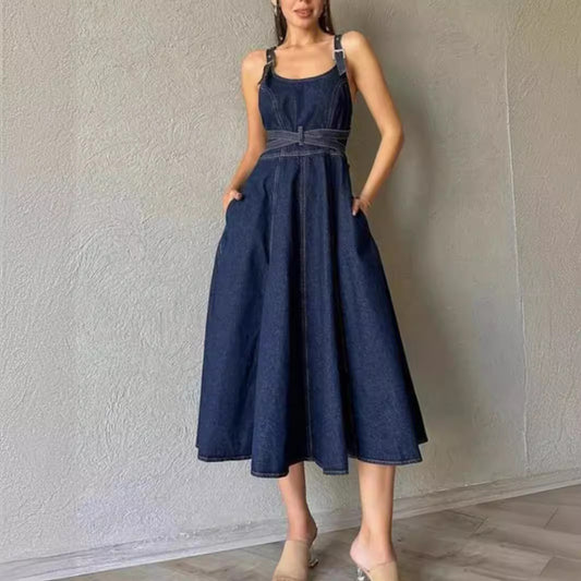 Elegant Solid Color Waist-length Denim Suspender Dress