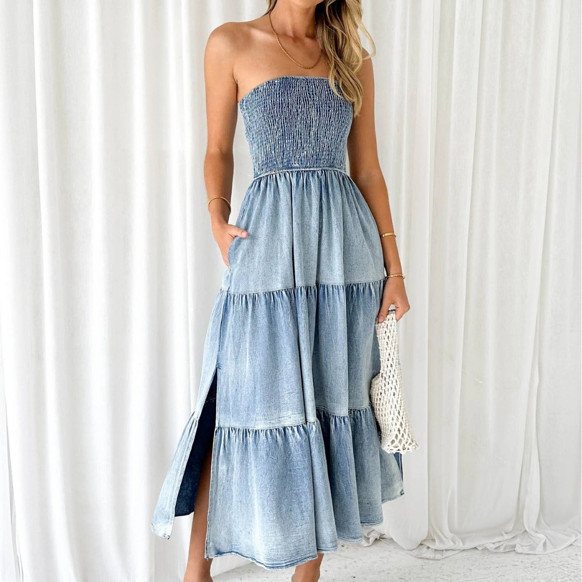 Temperament Elegant Hem Splicing Side Slit Tube Top Cake Denim Long Skirt