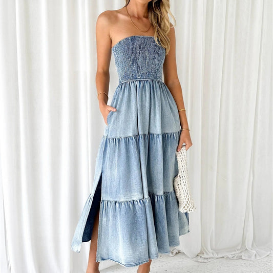 Temperament Elegant Hem Splicing Side Slit Tube Top Cake Denim Long Skirt