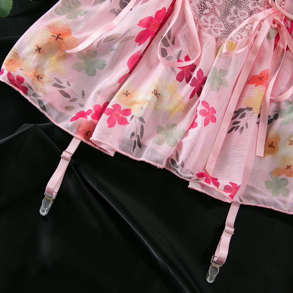 Sexy Lace Floral Mesh Printed Underwire Gathered Bowknot Neck Dress