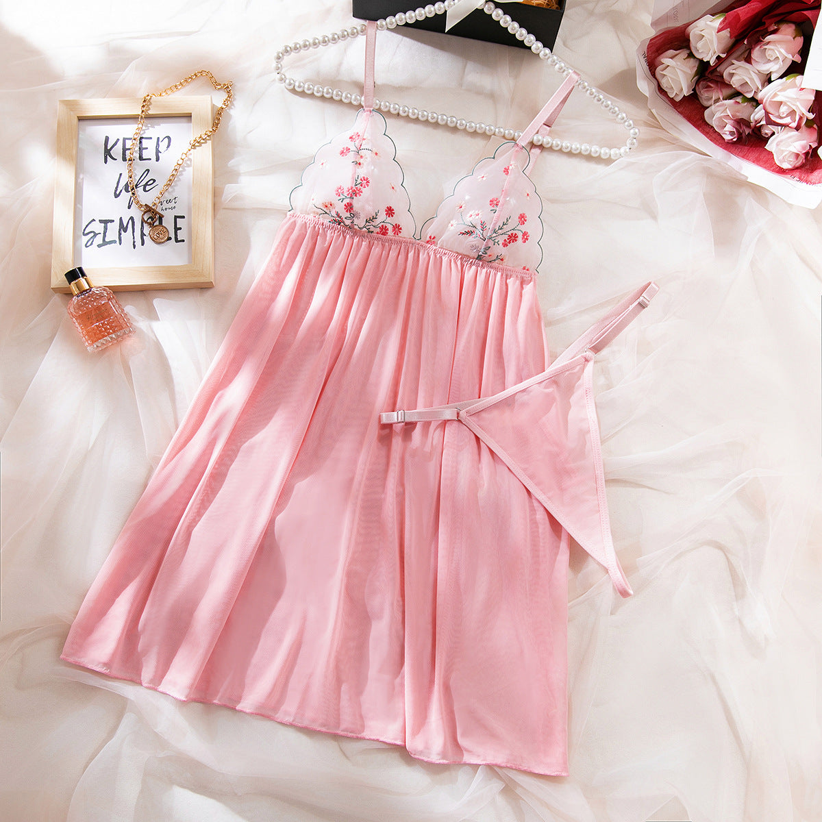 Sexy Ultra-thin Mesh Floral Embroidery See-through Sexy Nightdress + T-Back Two-piece Set