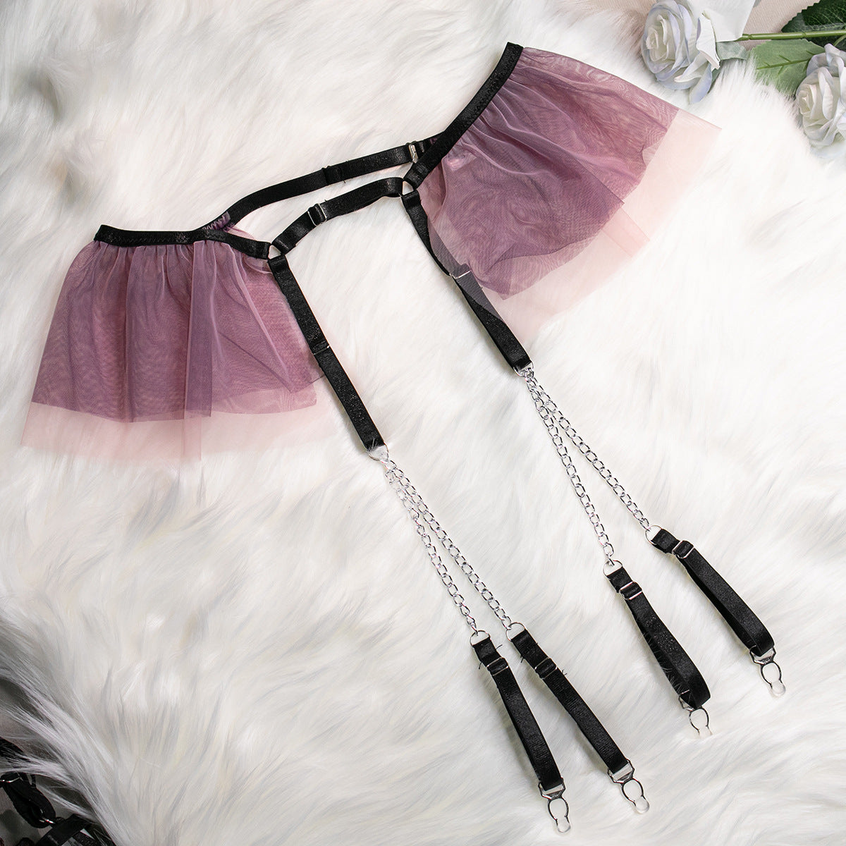 Embroidered Flower Gathered Cute Metal Chain Sexy Lingerie Four-piece Set