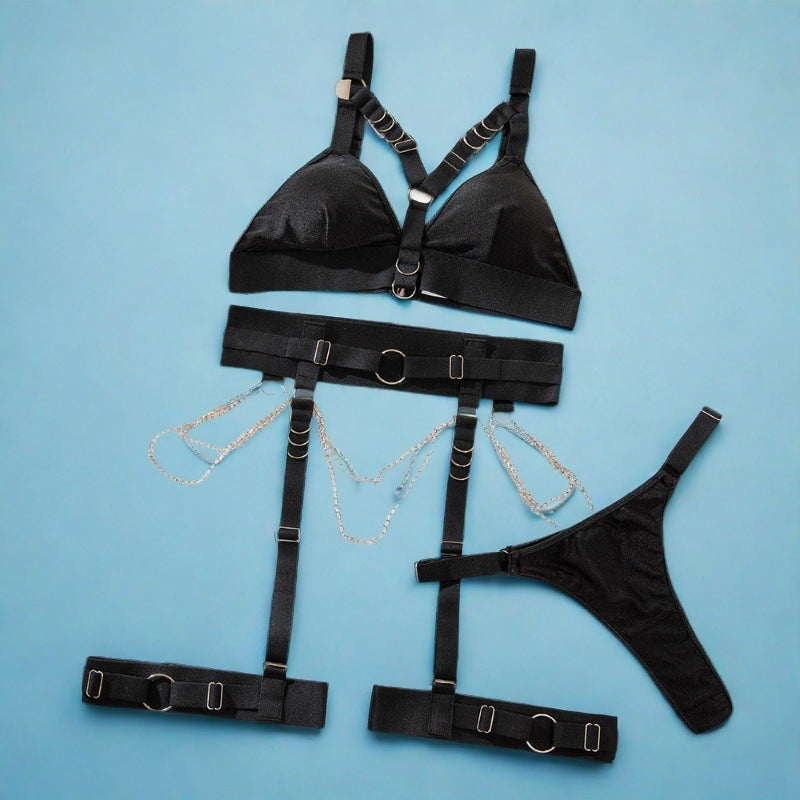 Sexy Waist-corset Bodysuit Metal Ring Chain Gathers No-wire Bra Three-piece Set