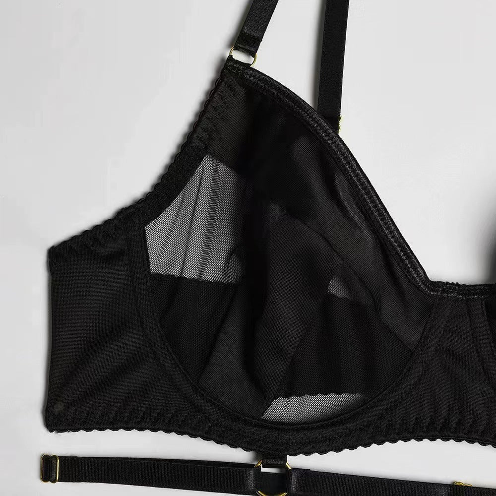 Sexy Transparent Mesh Underwire Gathered Waist Bra Set