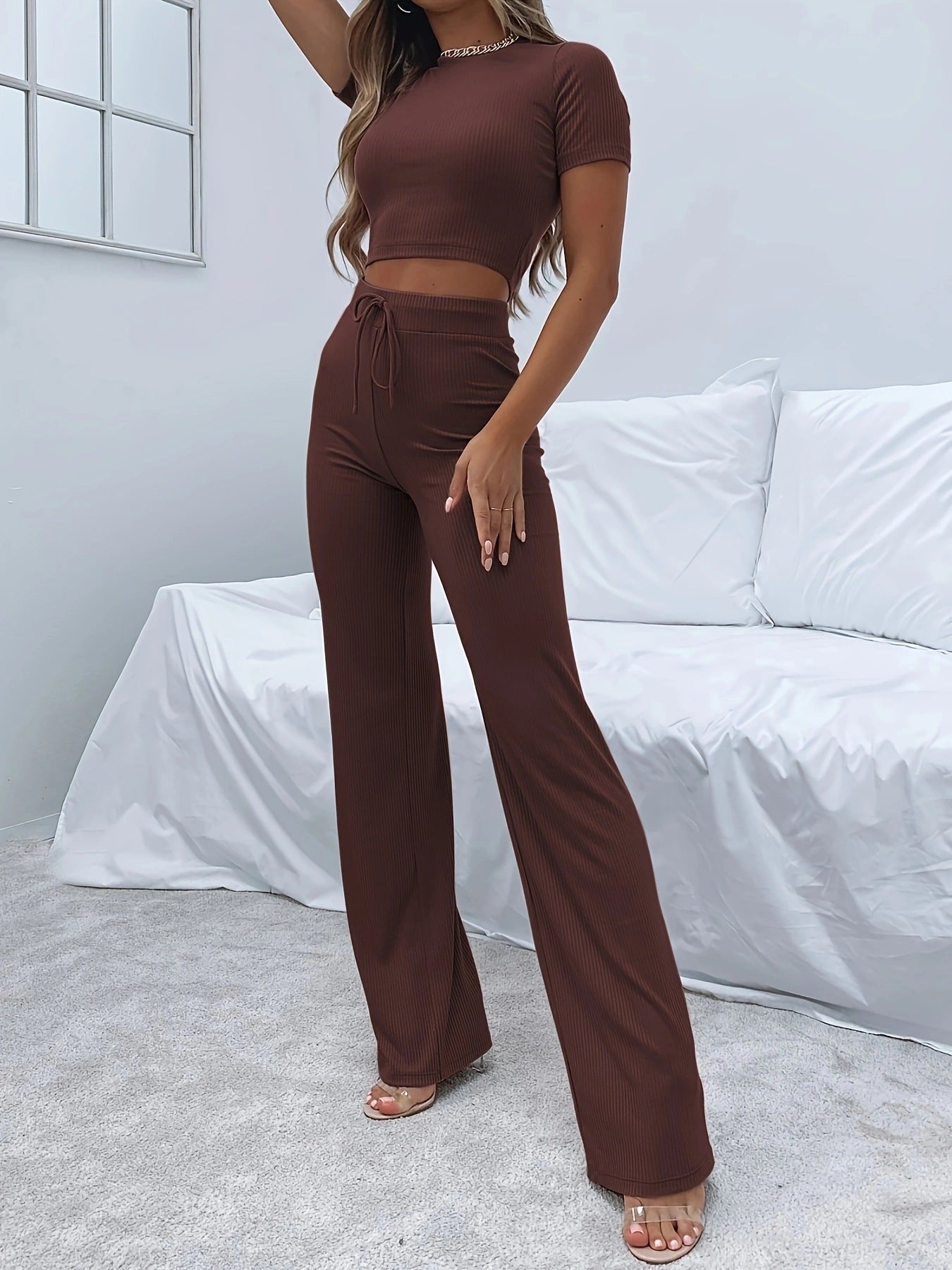 Solid Color High Elastic Shaping Short-Sleeve Wide-Leg Pants Casual Set