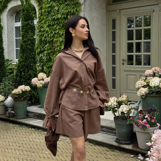 Collared Loose Long-Sleeved Shirt and Wide-Leg Shorts Casual Suit