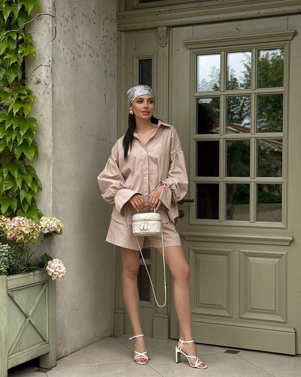 Collared Loose Long-Sleeved Shirt and Wide-Leg Shorts Casual Suit