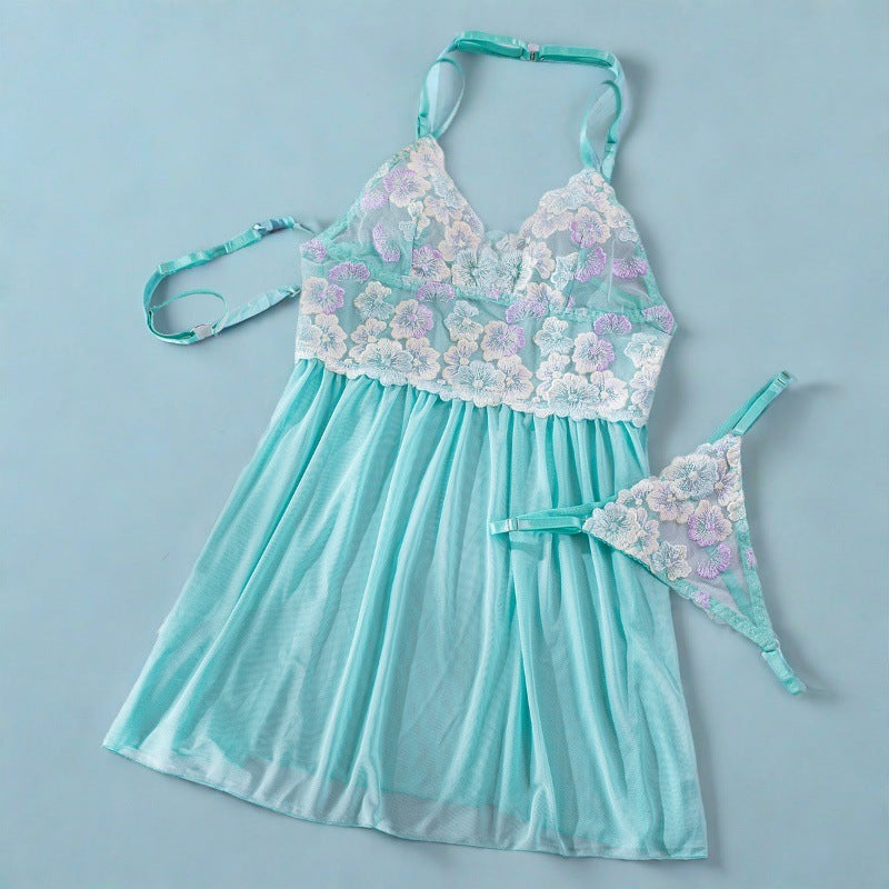 Sexy Embroidered Floral Mesh Dress + Thong Set