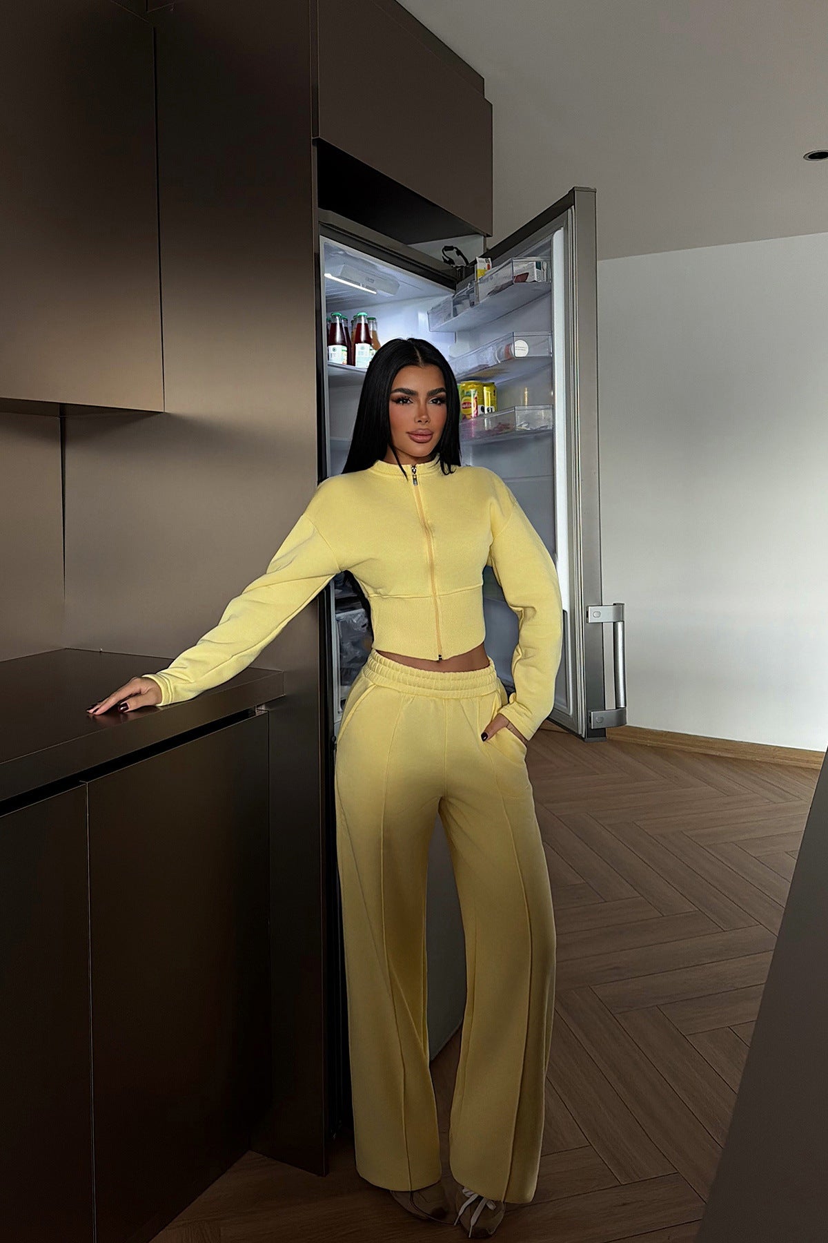 Stylish Solid Color Zip-up Cardigan and Wide-leg Pants Casual Suit