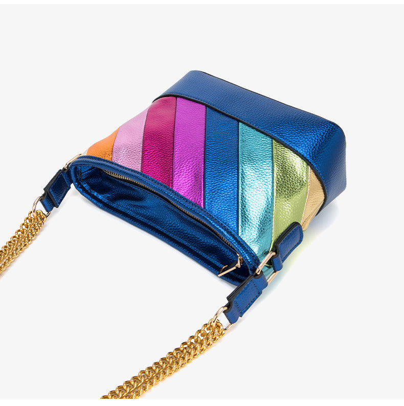 Contrast Rainbow Patchwork Chain Shoulder Crossbody Bag