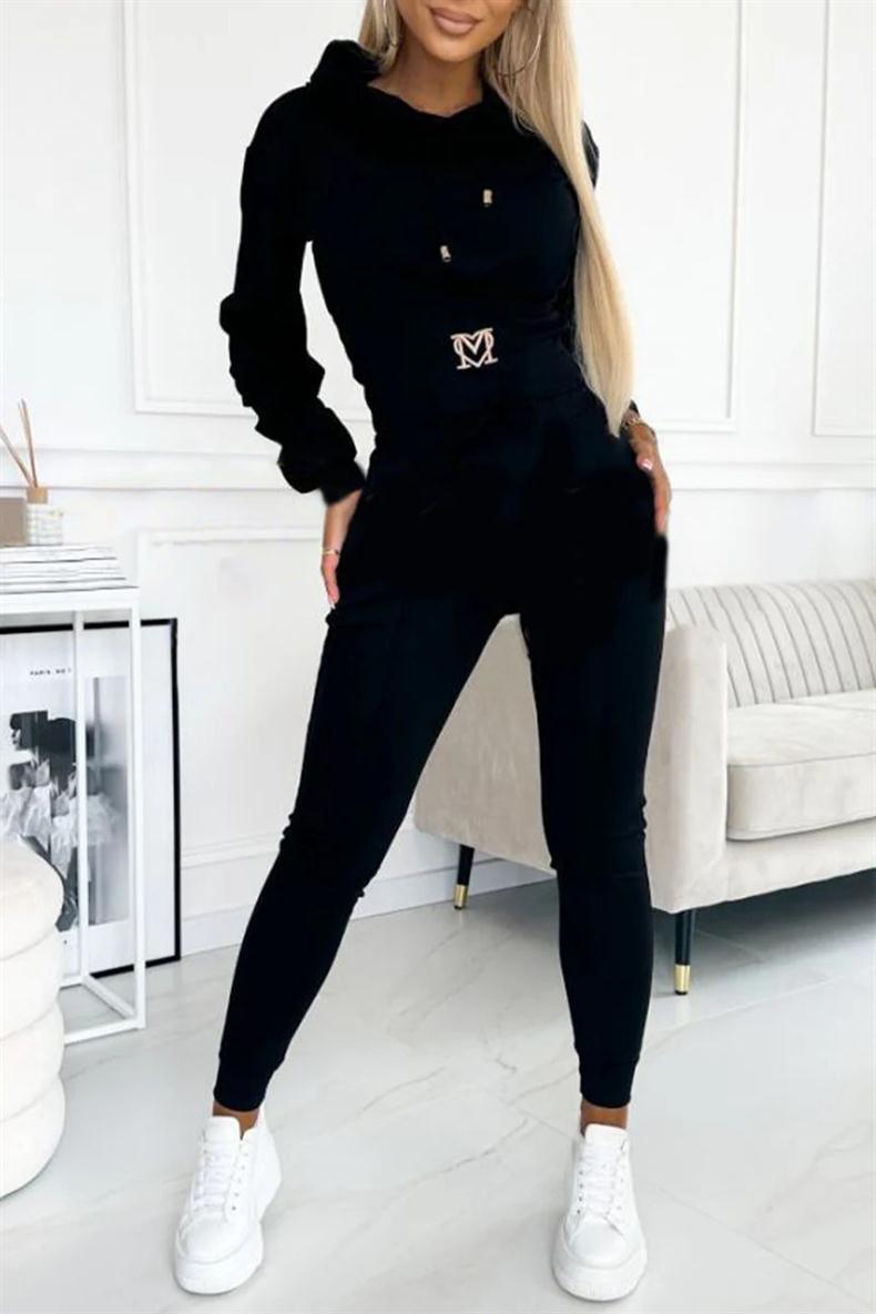 Waist-cinching Hooded Top and Trousers Casual Sportswear Set