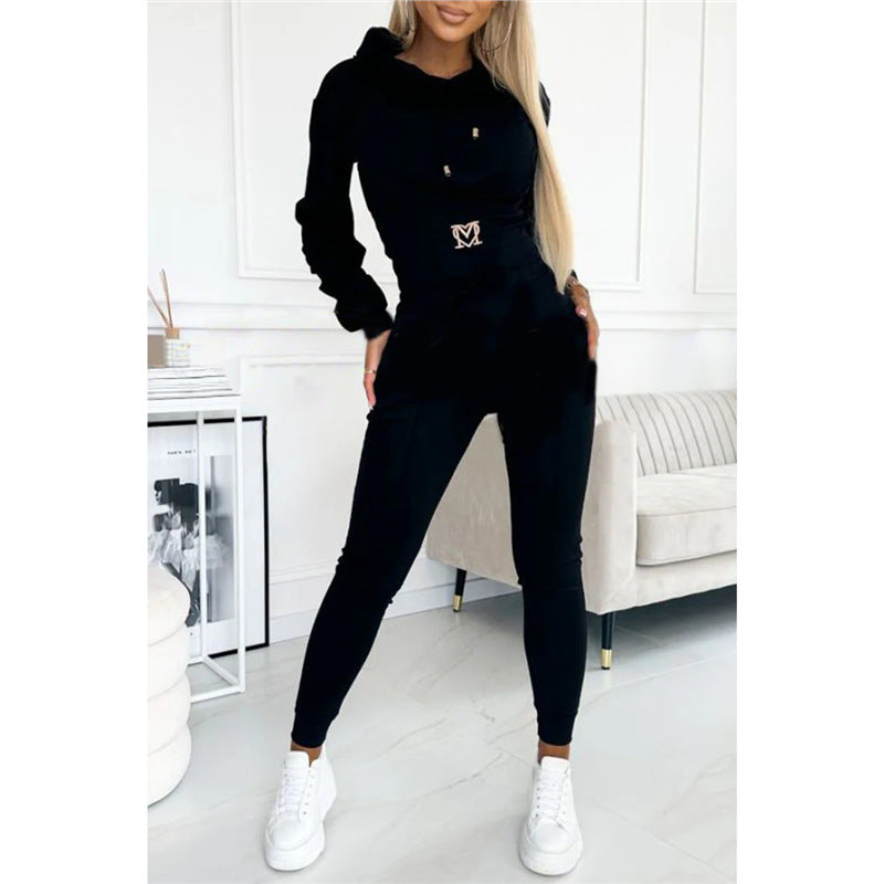 Waist-cinching Hooded Top and Trousers Casual Sportswear Set