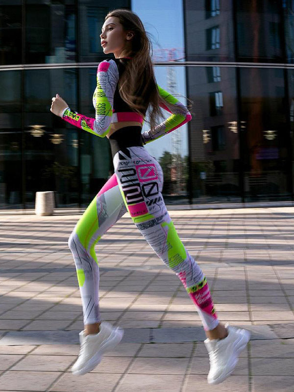 Casual and Fashionable Color Block Letter Print Trousers Sports Suit