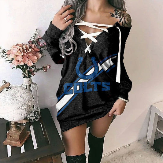 Indianapolis Colts Printed Lace-up V-neck Off-shoulder Hip Dress