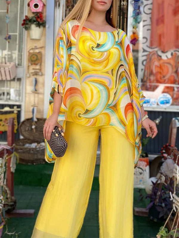 Casual Round Neck Colorful Printed Chiffon Suit