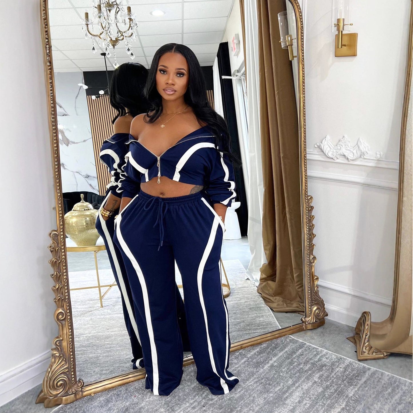 Stylish and Casual Color-blocked Long-sleeved Cardigan Tracksuit