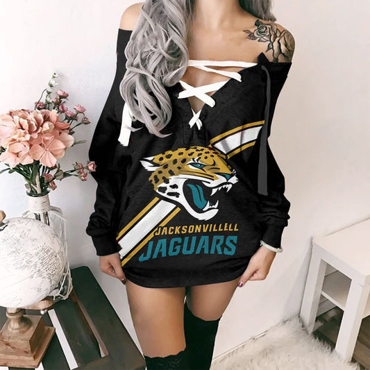 Jacksonville Jaguars Printed Lace-up V-neck Off-shoulder Hip Dress