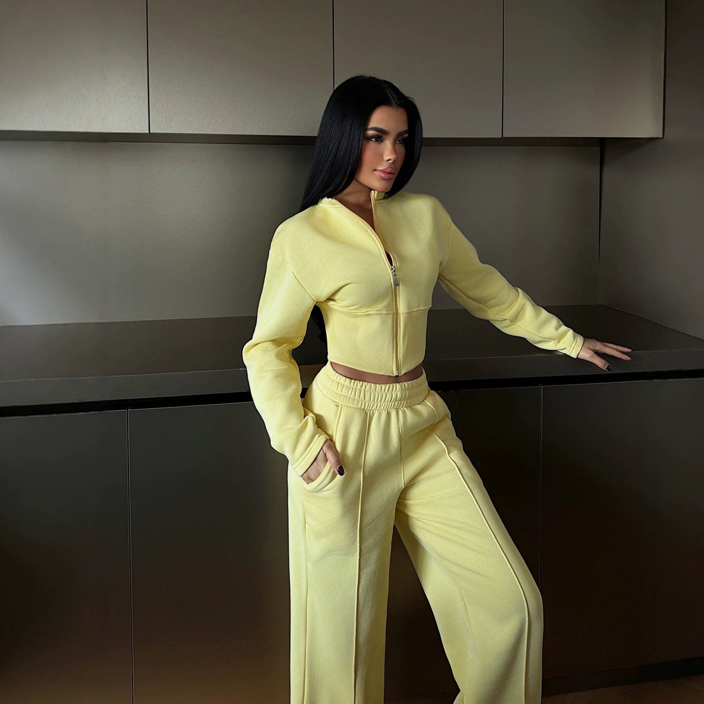 Stylish Solid Color Zip-up Cardigan and Wide-leg Pants Casual Suit
