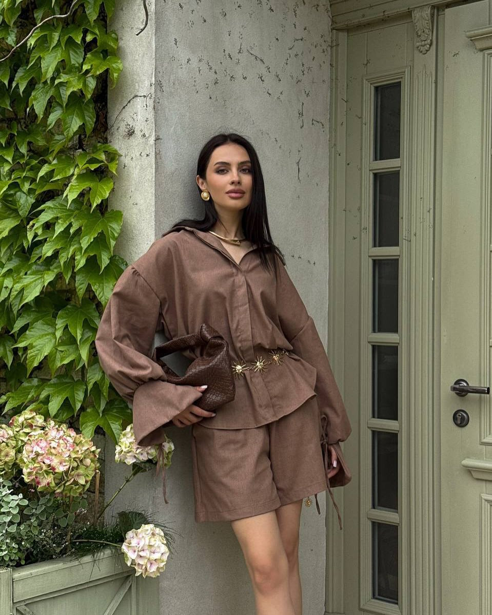 Collared Loose Long-Sleeved Shirt and Wide-Leg Shorts Casual Suit