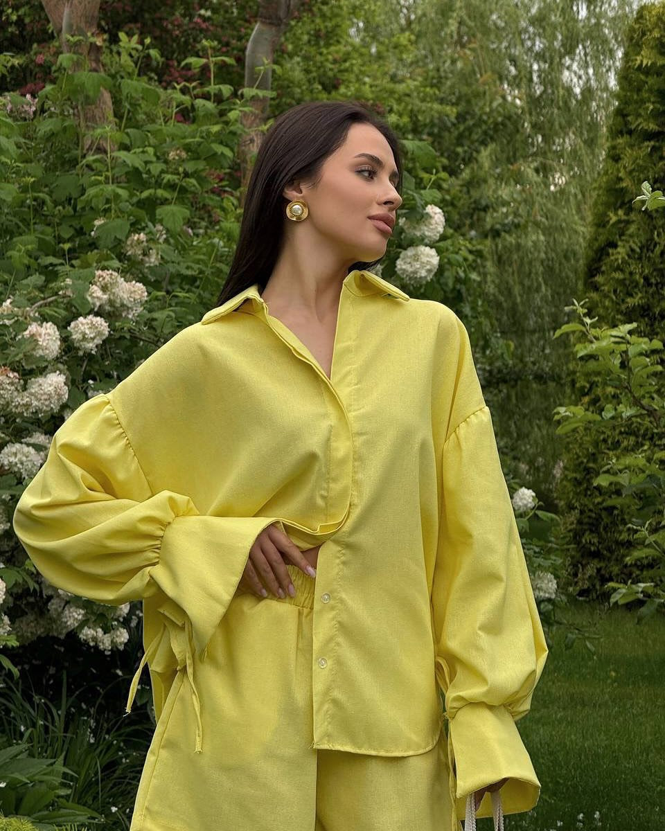 Collared Loose Long-Sleeved Shirt and Wide-Leg Shorts Casual Suit