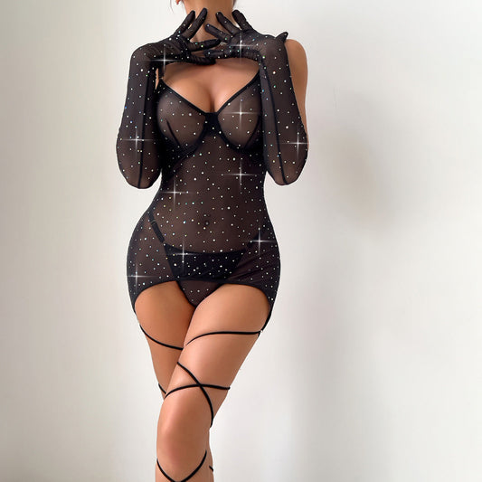 Sequined Mesh Transparent Steel Ring Gathered Leggings Rope Dress + Gloves