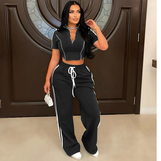 Casual Zip-up Short-sleeved Cropped Top Paired with Loose-fitting Trousers Set
