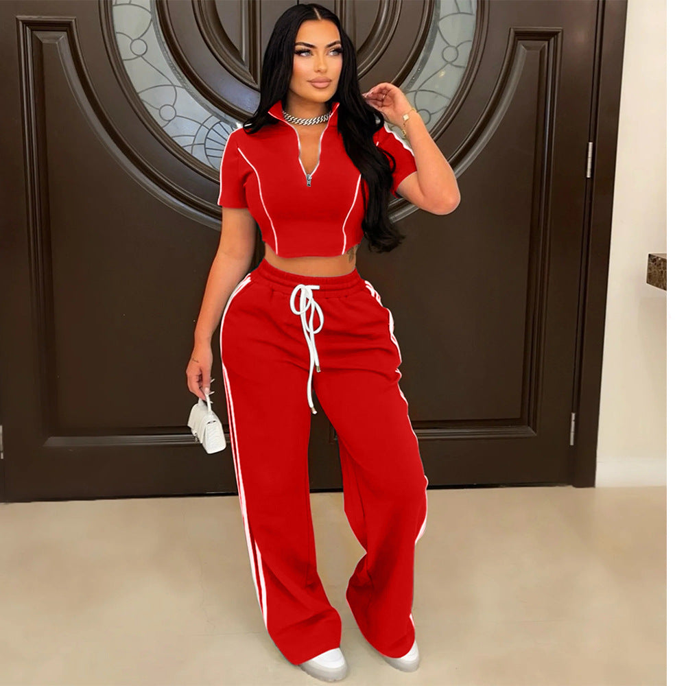 Casual Zip-up Short-sleeved Cropped Top Paired with Loose-fitting Trousers Set