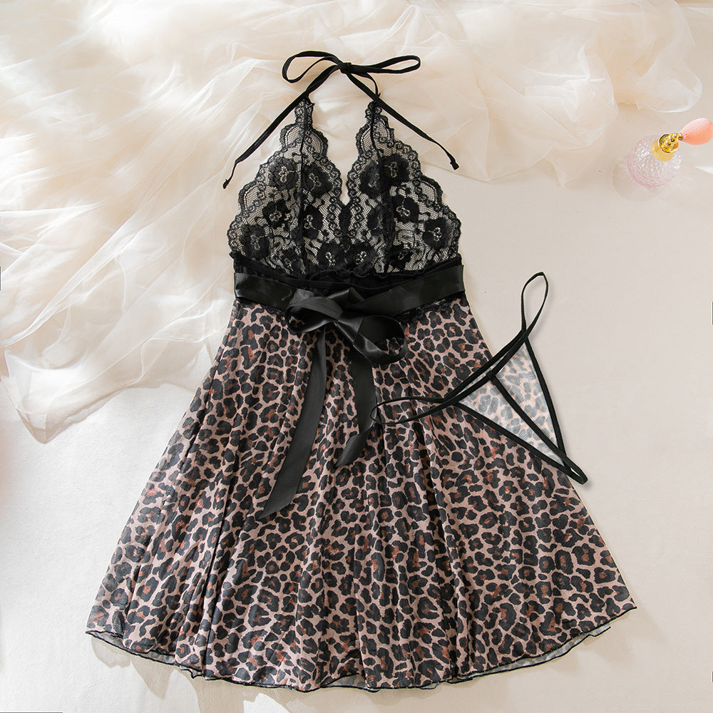 Lace Wild Leopard Print See-through Stitching Sexy Nightdress