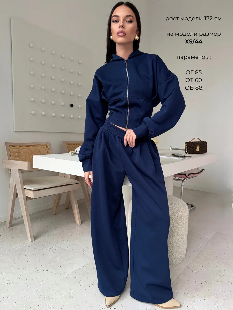 Solid Color Zip-up Cardigan Sweatshirt Loose Trousers Casual Suit