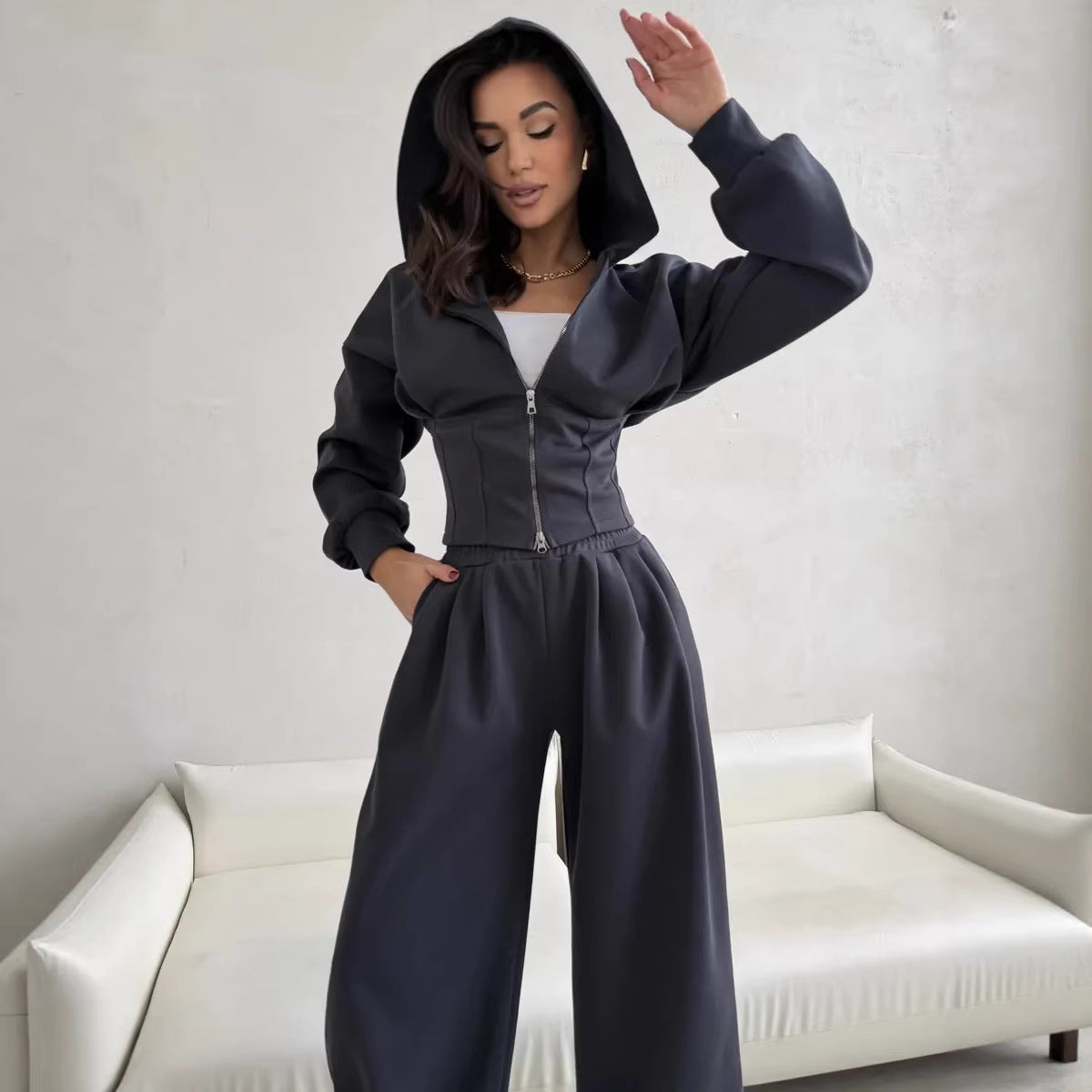 Solid Color Zip-up Cardigan Sweatshirt Loose Trousers Casual Suit