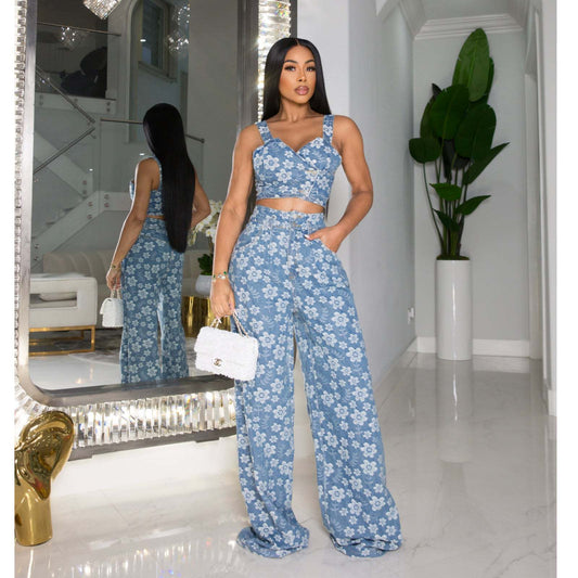 Fashion Denim Jacquard Wrapped Top Wide-leg Pants Suit