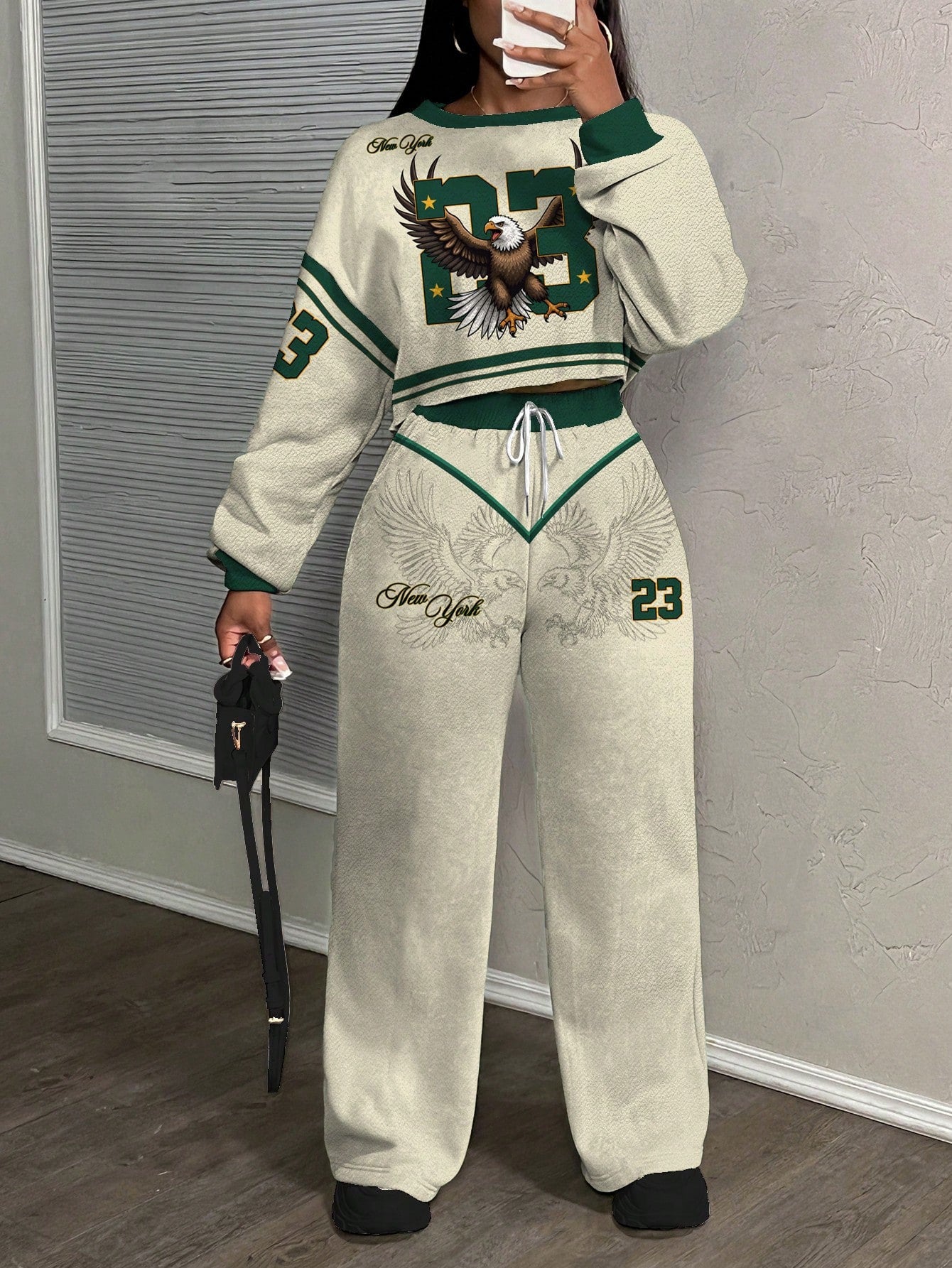 Casual Letter Print Crew Neck Sweatshirt and Pants Set