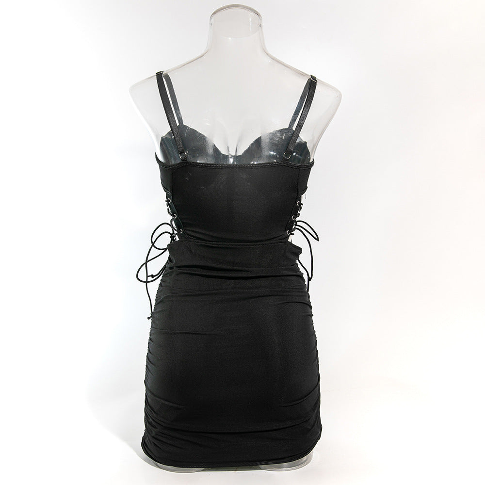 Sexy Underwire Gathered Drawstring Hollow Backpack Hip Herringbone Dress
